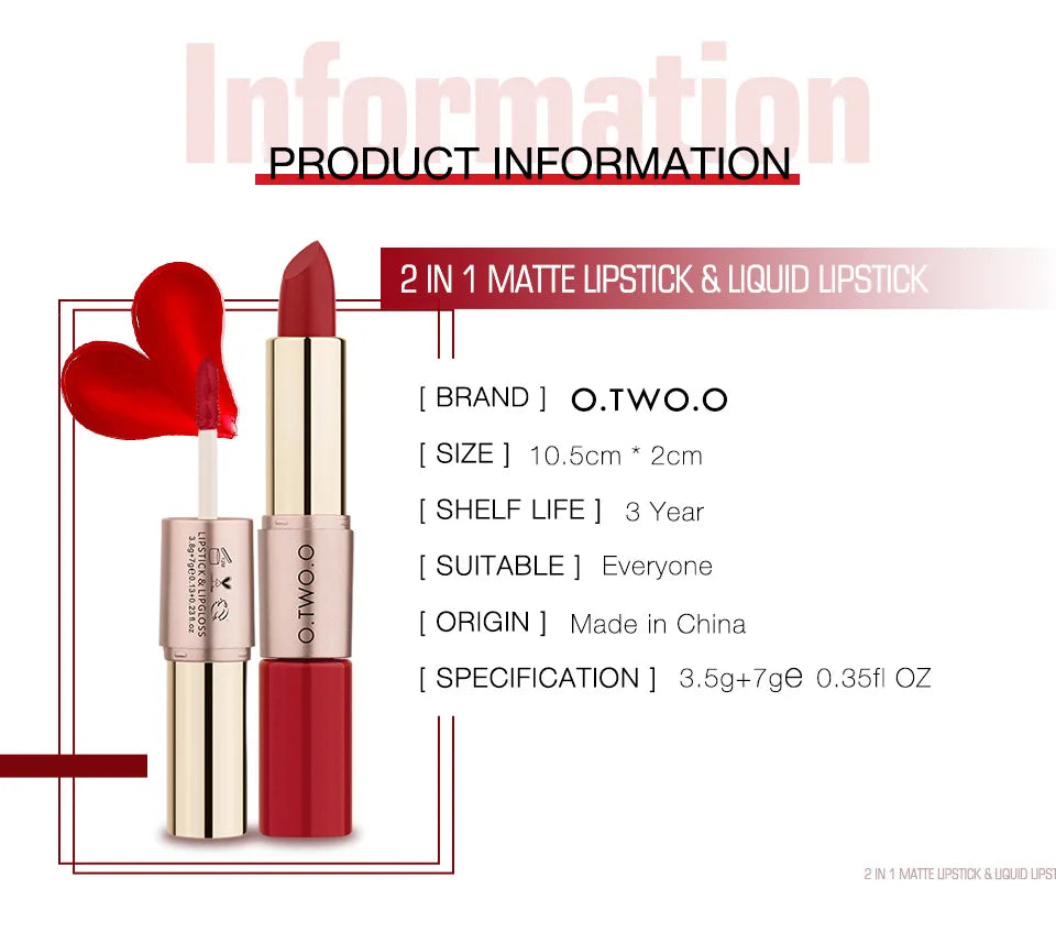 O.TWO.O 2 IN 1 Matte Lipstick&Liquid Lipstick 12 Colors Makeup Lip Glaze Waterproof Batom Lip Cosmetics Silky Texture