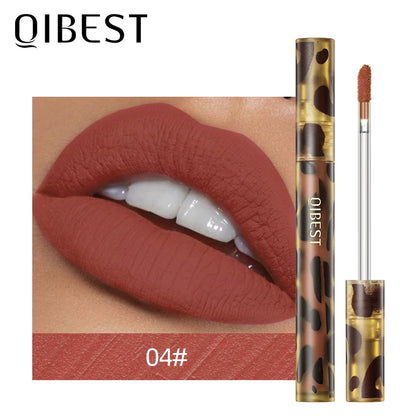 QIBEST Leopard Print Velvet Matte Liquid Lipstick Lasting Waterproof Non-Stick Cup Lip Gloss Women Sexy Moisturizing Lip Tint