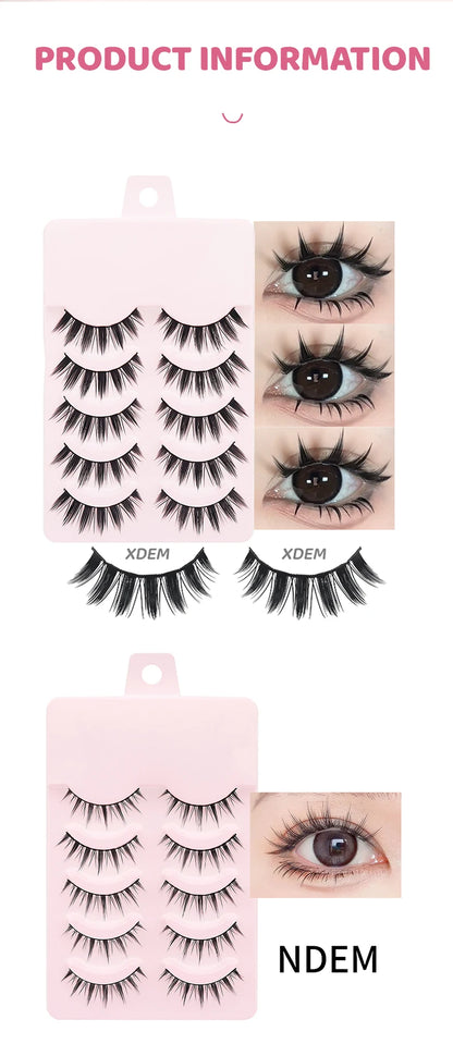 DINGSEN 5 Pairs Manga Lashes Eyes Lashes Soft Natural Long Eyelashes Fake Lashes Anime Wispy Strip False Eyelashes Makeup
