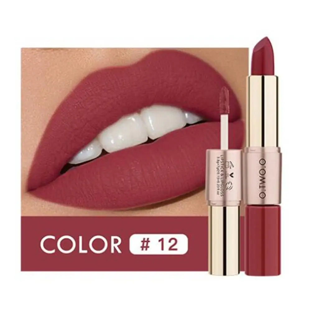 O.TWO.O 2 in 1 Matte Lipstick Lip Gloss Cosmetics Waterproof Pintalabios Batom Mate Lips Makeup Rouge 12 Colors Lip Stick