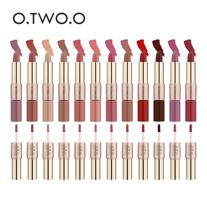 O.TWO.O 2 IN 1 Matte Lipstick&Liquid Lipstick 12 Colors Makeup Lip Glaze Waterproof Batom Lip Cosmetics Silky Texture