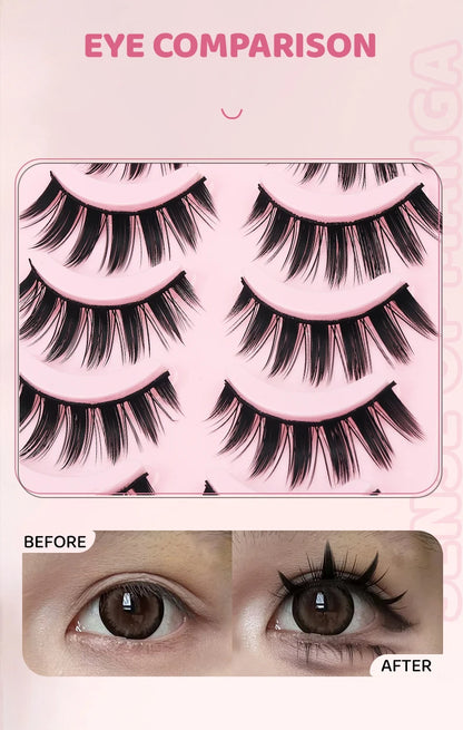 DINGSEN 5 Pairs Manga Lashes Eyes Lashes Soft Natural Long Eyelashes Fake Lashes Anime Wispy Strip False Eyelashes Makeup