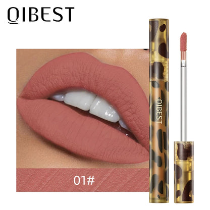 QIBEST Leopard Print Velvet Matte Liquid Lipstick Lasting Waterproof Non-Stick Cup Lip Gloss Women Sexy Moisturizing Lip Tint