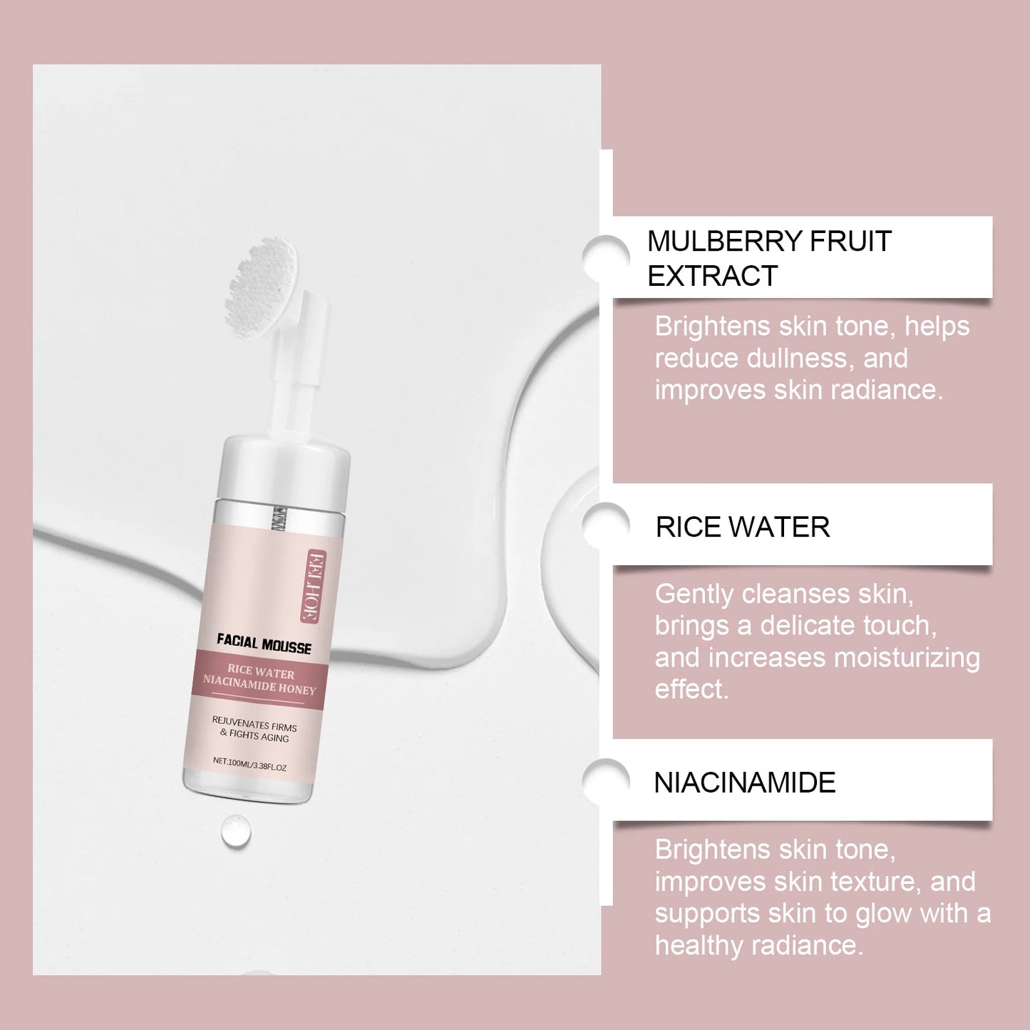 Rice Water Cleansing Mousse Oil Control Deep Cleaning Pores Moisturizing Brightening Soothing Rejuvenation Foam Face Wash Care