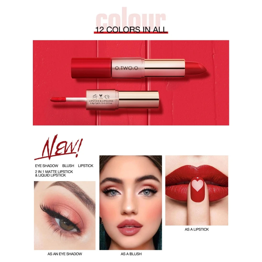 O.TWO.O 2 IN 1 Matte Lipstick&Liquid Lipstick 12 Colors Makeup Lip Glaze Waterproof Batom Lip Cosmetics Silky Texture