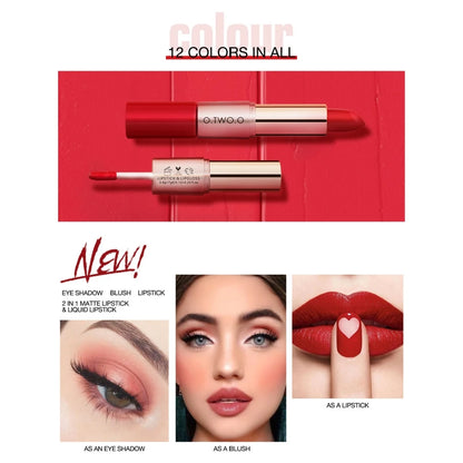 O.TWO.O 2 IN 1 Matte Lipstick&Liquid Lipstick 12 Colors Makeup Lip Glaze Waterproof Batom Lip Cosmetics Silky Texture