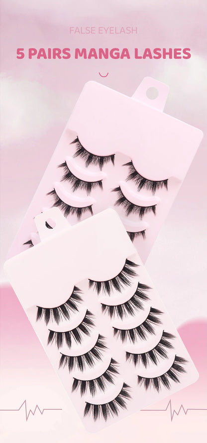 DINGSEN 5 Pairs Manga Lashes Eyes Lashes Soft Natural Long Eyelashes Fake Lashes Anime Wispy Strip False Eyelashes Makeup