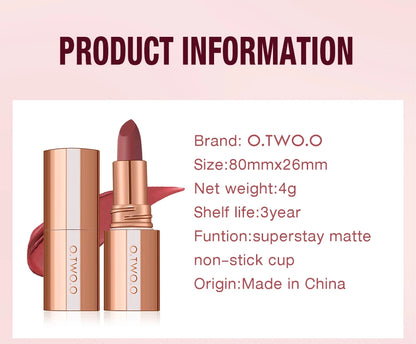 O.TWO.O Matte Lipstick Long Lasting Waterproof Lip Stick Smudge-free Classic Highly Pigmented Velvet Finish Lip Tint Makeup