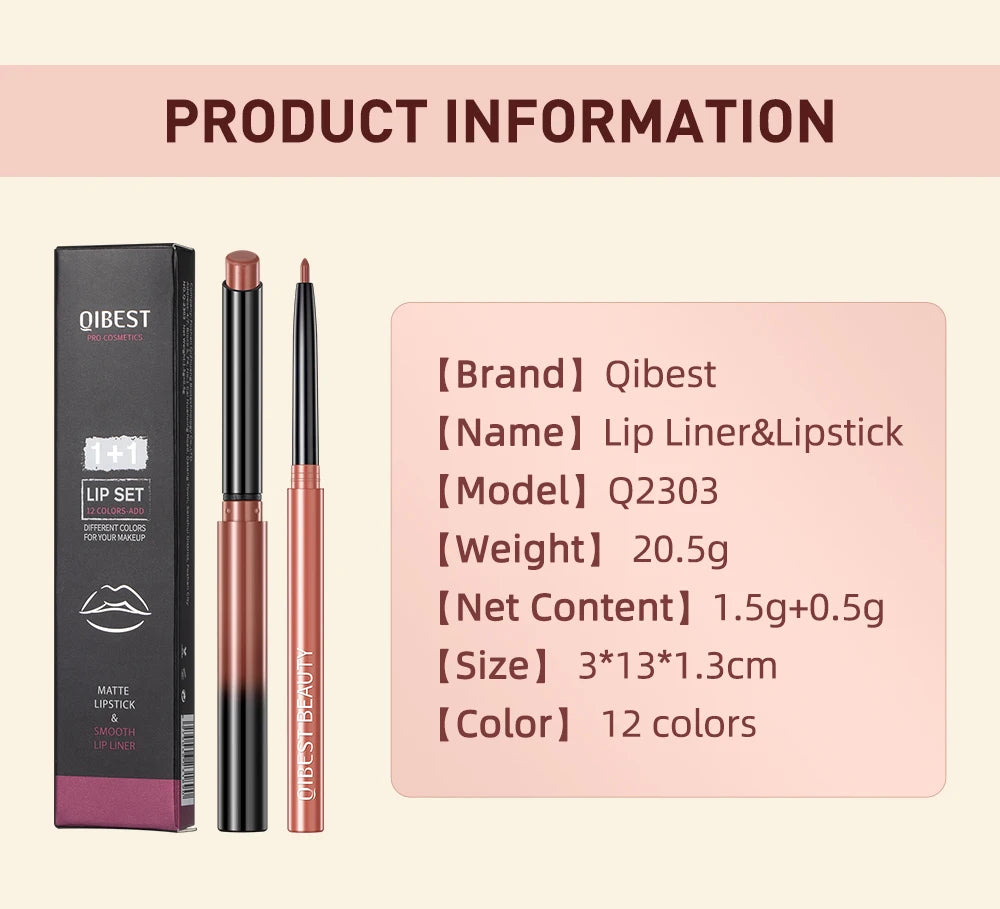 QIBEST Lipstick Pencil Waterproof Sexy Red Nude Purple Matte Tint Lipstick Lasting Lip liner Pen Longlasting Makeup Cosmetics